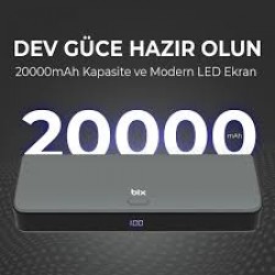 Bix PB203 20000MAH USB ve Type-C Pd 20W Çift Çıkışlı Dijital Ekranlı Powerbank Gri