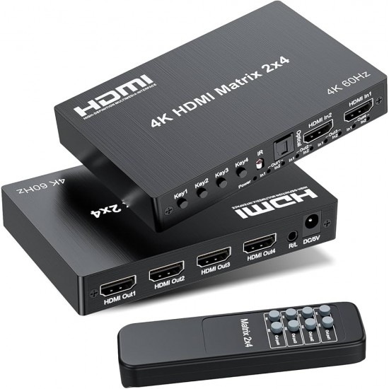 4K 2x4 HDMI Matrix Switch, 2 in 4 Out Matrix HDMI 2.0 