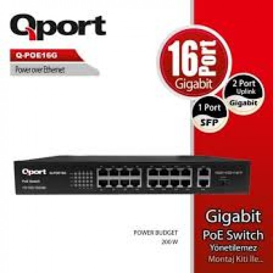 Qport Q-POE16G 16 Port Gigabit PoE Switch - 2 Gigabit Uplink, 1 SFP Port, 200W PoE Yönetilemez Anahtar, Montaj Kit Dahil Qport Q-POE16G 16 Port Gigabit PoE Switch - 2 Gigabit Uplink, 1 SFP Port, 200W PoE Yönetilemez Anahtar, Montaj Kit Dahil