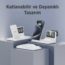 Alarmli Saat Özellikli 15W Akıllı Telefon TWS Kulaklık Akıllı Saat için Çok Fonksiyonlu Kablosuz Şarj Standı iPhone AirPods için Wireless Şarj Kaynağı Beyaz 