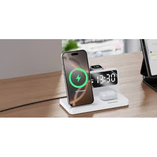 Alarmli Saat Özellikli 15W Akıllı Telefon TWS Kulaklık Akıllı Saat için Çok Fonksiyonlu Kablosuz Şarj Standı iPhone AirPods için Wireless Şarj Kaynağı Beyaz 