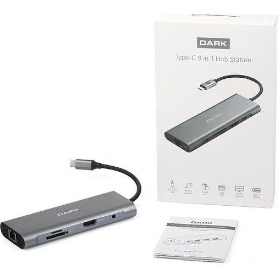 Dark USB 3.1 Type C 9 in 1 Ethernet - HDMI - TF SD Kart Okuyucu - USB 3.0 - Kulaklık Çevirici HUB