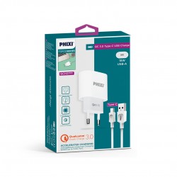 Phixi Force Akım Korumalı 15W / 3A Qualcomm 3.0 Type-C USB Kablolu Şarj Cihazı