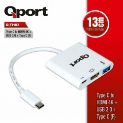 QPORT Q-TH03 TYPE-C TO HDMI 4K + USB 3.0 + TYPE-C (F) ÇEVİRİCİ QPORT Q-TH03 TYPE-C TO HDMI 4K + USB 3.0 + TYPE-C (F) ÇEVİRİCİ