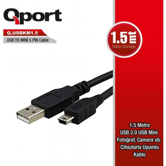 QPORT Q-USBKM1.5 USB TO MİNİ 5 PIN KABLO
