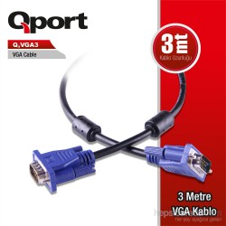 QPORT Q-VGA3 15 PIN FILTRELI 3 METRE ERKEK ERKEK MONİTÖR KABLOSU  QPORT Q-VGA3 15 PIN FILTRELI 3 METRE ERKEK ERKEK MONİTÖR KABLOSU